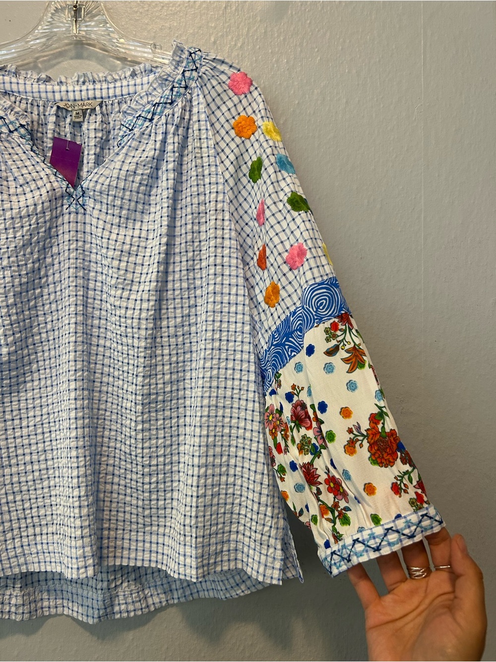 John Mark Blue Checked Peasant Blouse with Multicolor Embroidered Sleeves - Picture 5 of 7